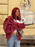 Women's oversized casual jacket featuring a front zipper, made from soft cotton blend for comfort and relaxed fit.