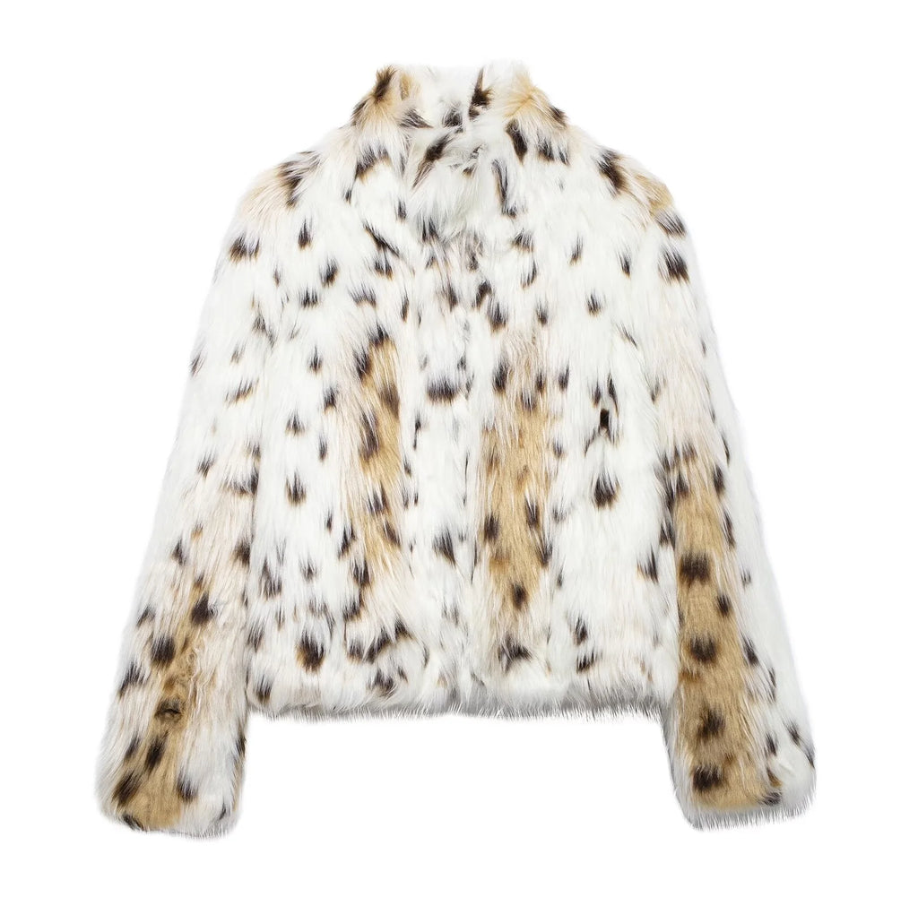 Women's oversized faux fur jacket featuring a stylish animal pattern, soft texture, and cozy design for warmth and comfort.