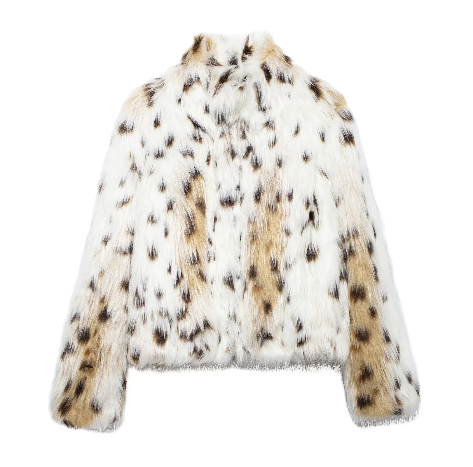Women's oversized faux fur jacket featuring a stylish animal pattern, soft texture, and cozy design for warmth and comfort.