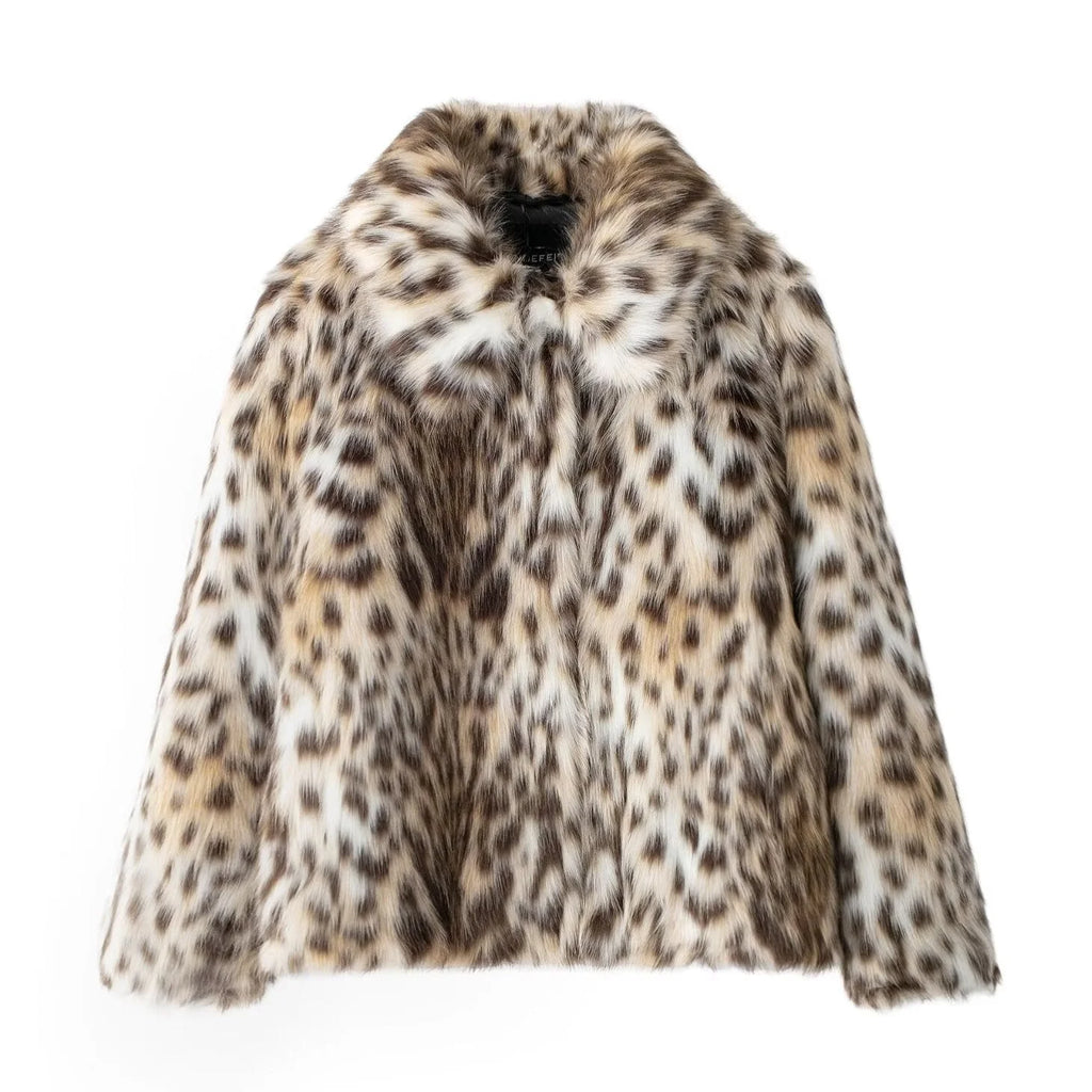 Women's oversized faux fur jacket featuring a cozy animal pattern, perfect for adding warmth and style to any outfit.