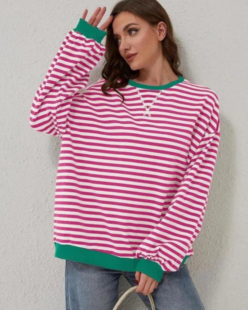 Women's oversized striped long sleeve sweatshirt in soft cotton blend, featuring relaxed fit and casual style for everyday…