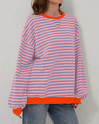 Women's oversized striped long sleeve sweatshirt, made from soft cotton blend, featuring a relaxed fit and casual style.
