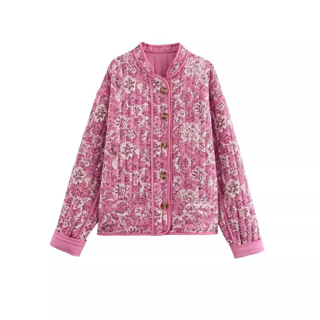 Women's pink boho floral jacket with long sleeves, crafted from lightweight fabric featuring a vibrant floral pattern.