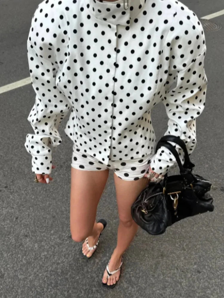 Women’s long sleeve jacket with polka dots, stand neck design, made of lightweight fabric for a casual look and comfort.