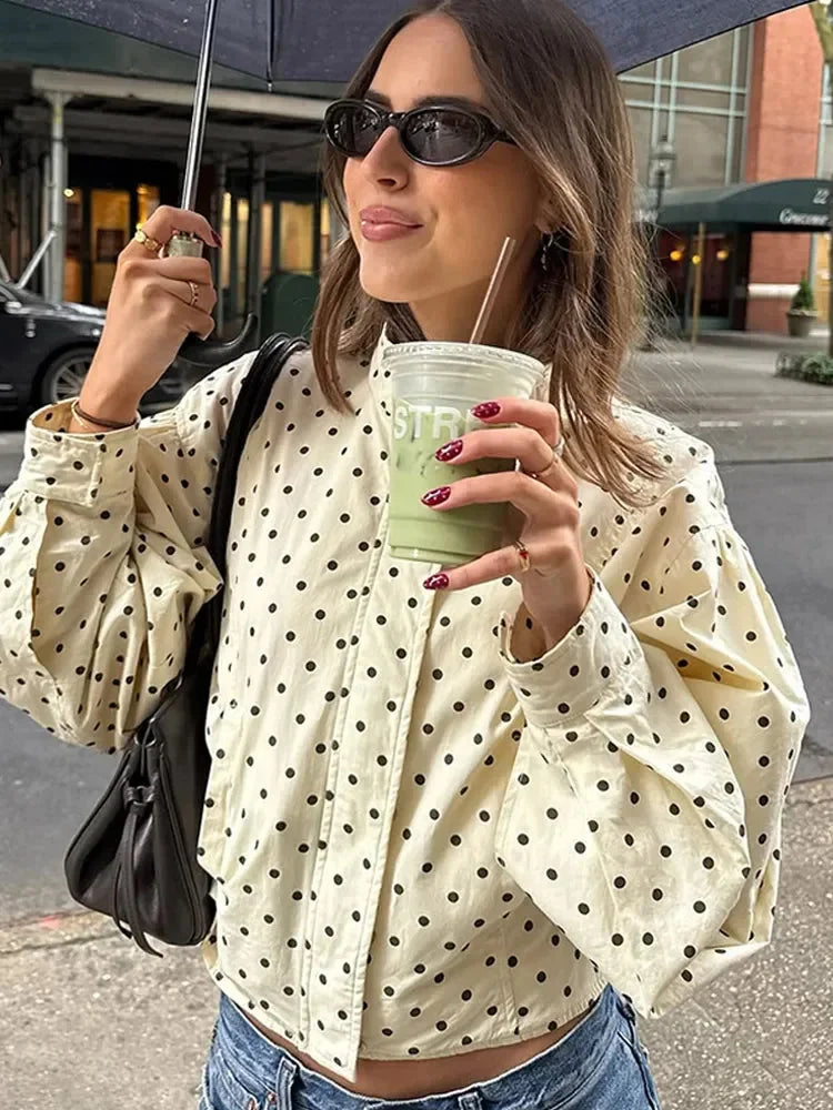 Women's long sleeve casual jacket with polka dot pattern and stand neck, made from soft, lightweight fabric for comfort.