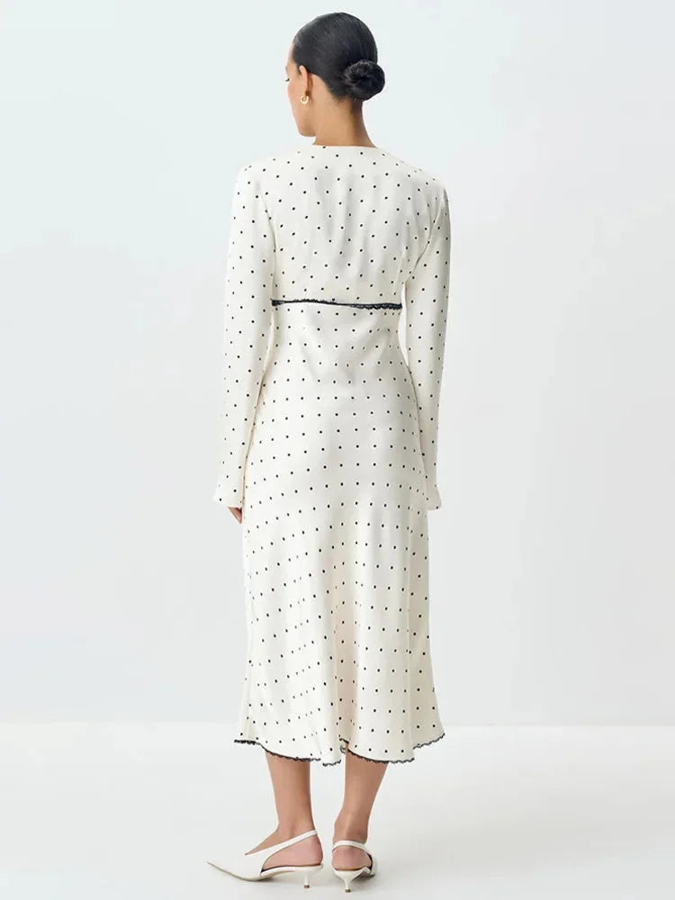 Women's polka dot V-neck maxi dress featuring lace details, made from soft fabric for comfort and style.