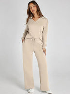 Women's relaxed-fit long-sleeve top paired with wide-leg pants, crafted from soft cotton for comfort and everyday wear.