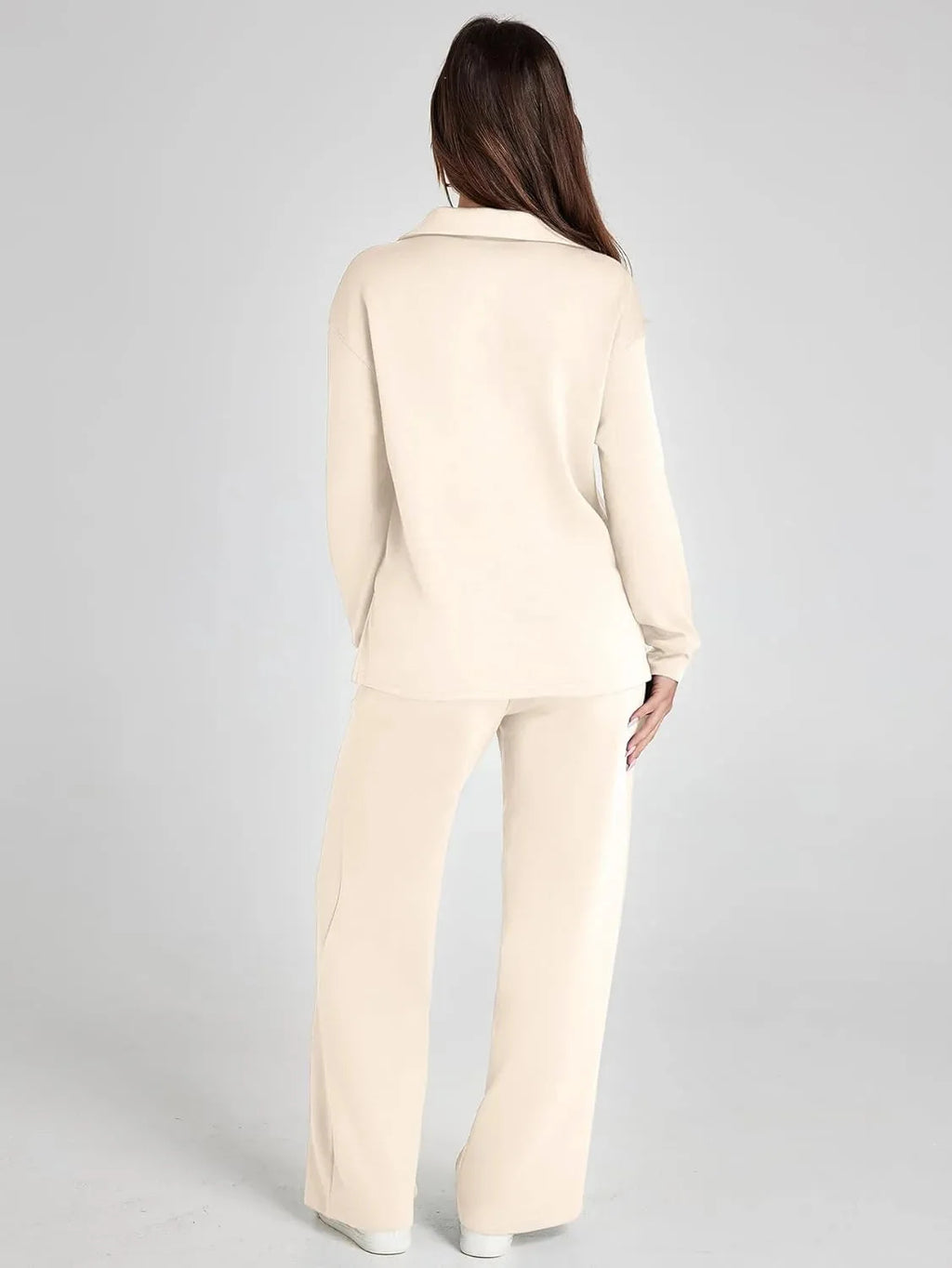 Women's relaxed fit long-sleeve top with wide-leg pants, made from soft cotton blend, featuring a comfortable, casual design.