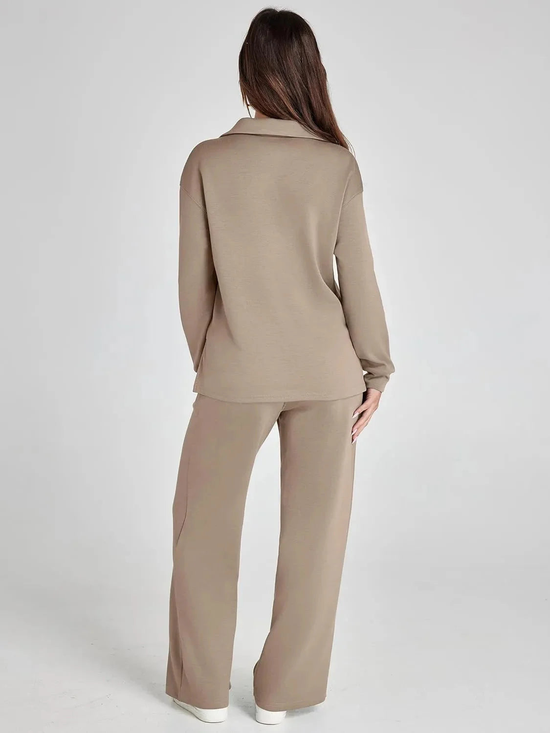 Women's relaxed fit long-sleeve top paired with wide-leg pants, made of soft cotton blend with a comfortable, casual design.