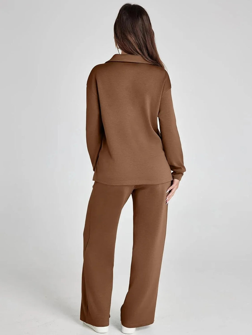 Alt text: Women's relaxed fit long-sleeve top in soft fabric paired with wide-leg pants, perfect for casual comfort and…