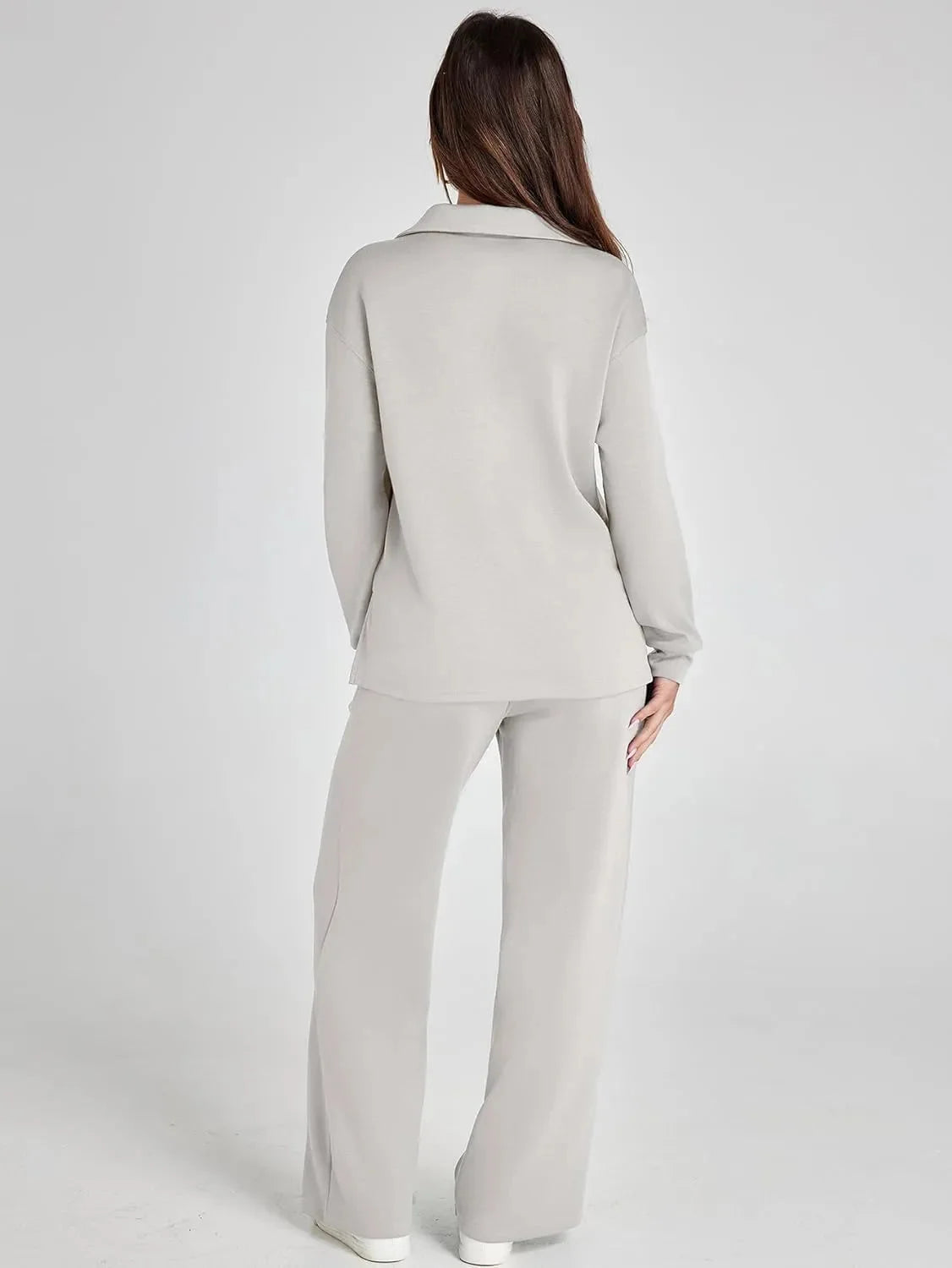 Women's relaxed fit long-sleeve top paired with wide-leg pants, made from breathable cotton for comfort and everyday wear.