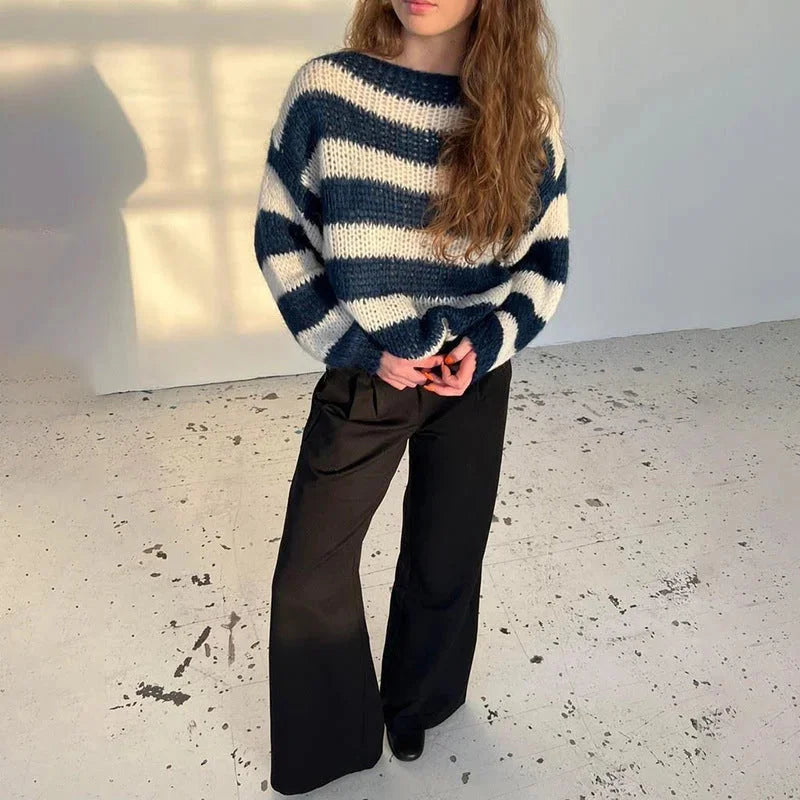 Women's relaxed fit striped knit pullover sweater in soft cotton blend, featuring a classic crew neck and long sleeves.