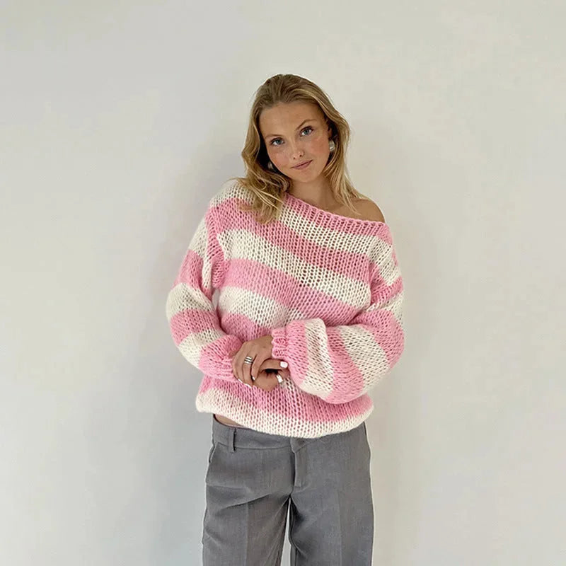 Women's relaxed fit pullover sweater in striped knit, featuring soft cotton blend fabric and comfortable long sleeves.