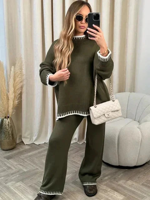 Women's relaxed fit sweater and pants set made from soft cotton blend, featuring a casual design with a comfortable fit.