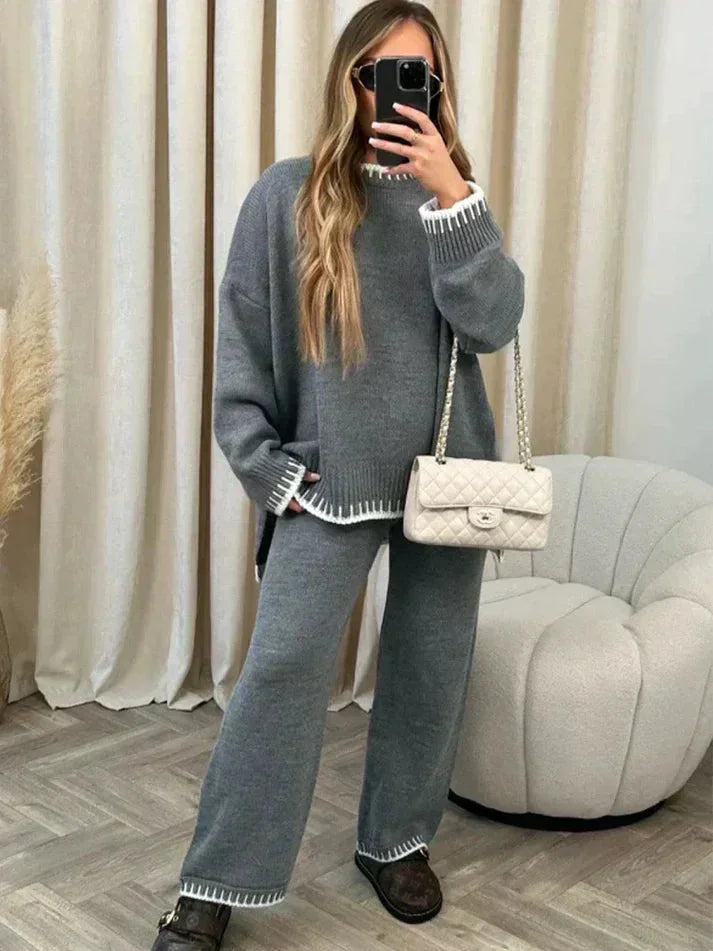 Women’s relaxed fit sweater and pants set made from soft cotton blend, featuring a loose design for comfort and casual style.