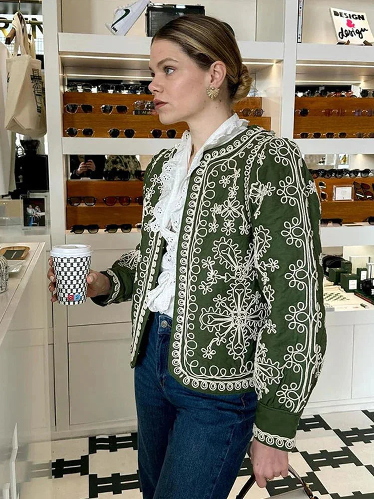 Women's quilted jacket in retro boho style, featuring a soft fabric and unique stitching pattern, perfect for casual wear.