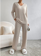Women's ribbed lounge set featuring a V-neck top, crafted from soft cotton blend for comfort and ease in casual wear.