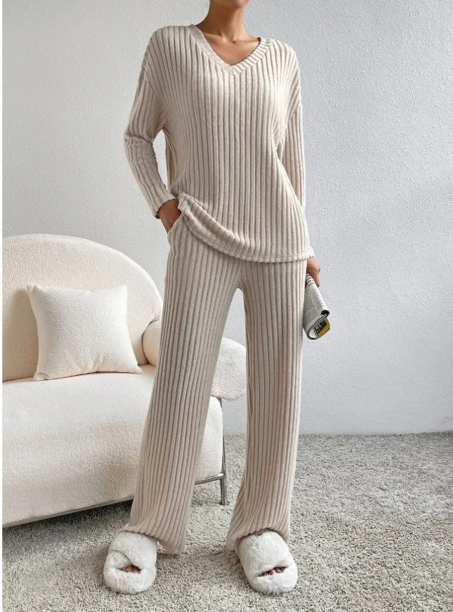 Women's ribbed lounge set featuring a V-neck top, crafted from soft cotton blend for comfort and ease in casual wear.