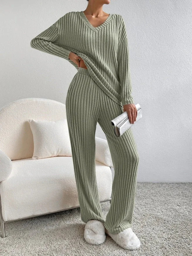 Women's ribbed lounge set featuring a V-neck top and soft stretchy fabric for comfort and casual style.