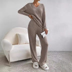 Women's ribbed lounge set featuring a comfortable V-neck top made from soft cotton blend for everyday wear.