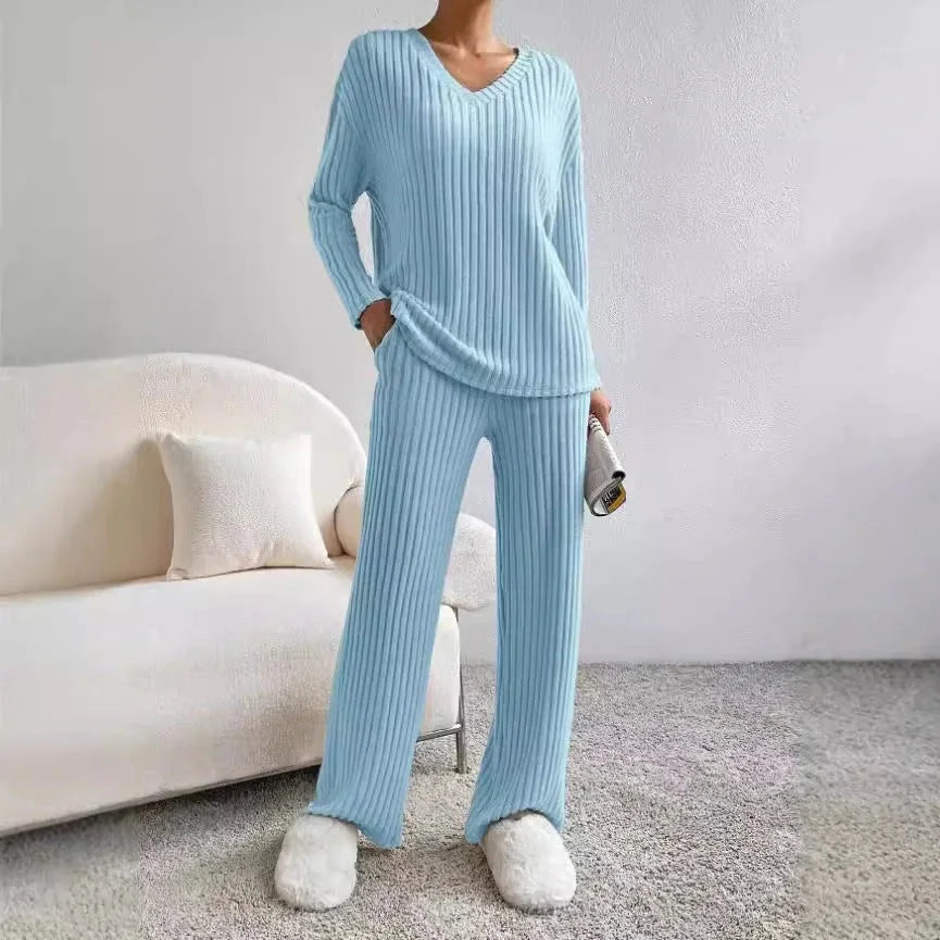 Women's ribbed lounge set featuring a comfortable V-neck top, crafted from soft, breathable fabric for relaxed everyday wear.