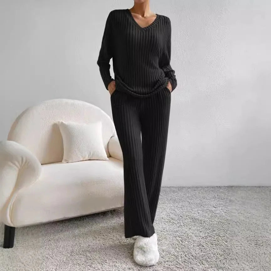 Women's ribbed lounge set featuring a V-neck top, made from soft cotton blend for comfortable and casual wear.