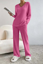 "Women's ribbed lounge set with V-neck top, crafted from soft cotton blend for comfort and casual style."