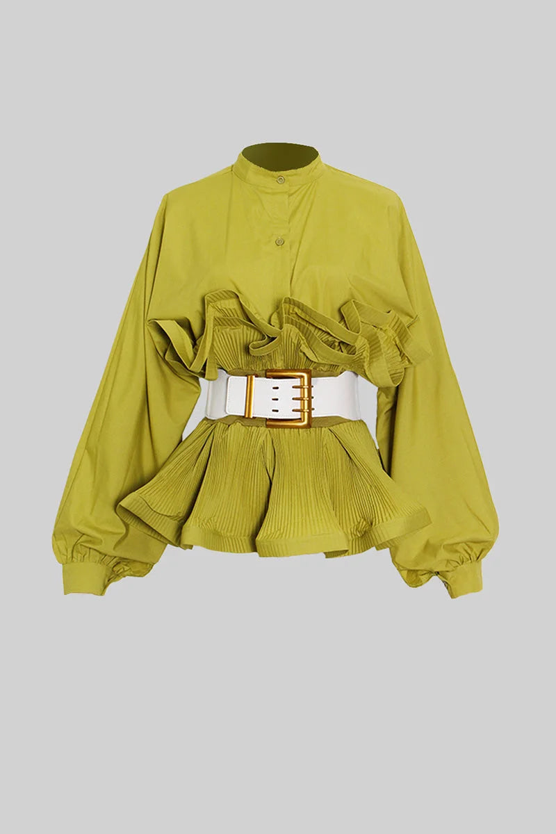 Women's ruffled belted shirt featuring voluminous sleeves, crafted from lightweight cotton blend for comfort and style.