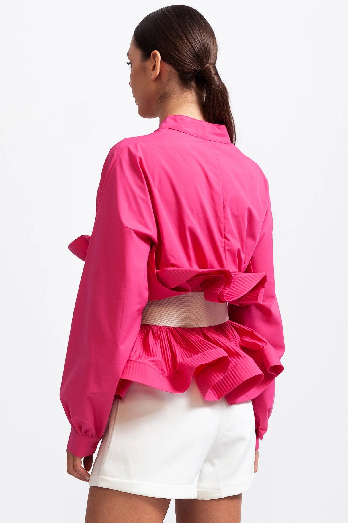 Women's ruffled belted shirt featuring voluminous sleeves, crafted from soft cotton for a comfortable and stylish fit.