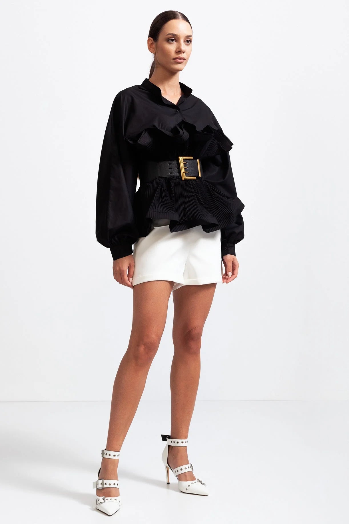 Women's shirt with ruffles and a belt, featuring voluminous sleeves, crafted from soft, lightweight cotton blend fabric.