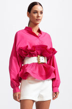Women's ruffled belted shirt featuring voluminous sleeves, made from lightweight cotton blend for a comfortable fit.