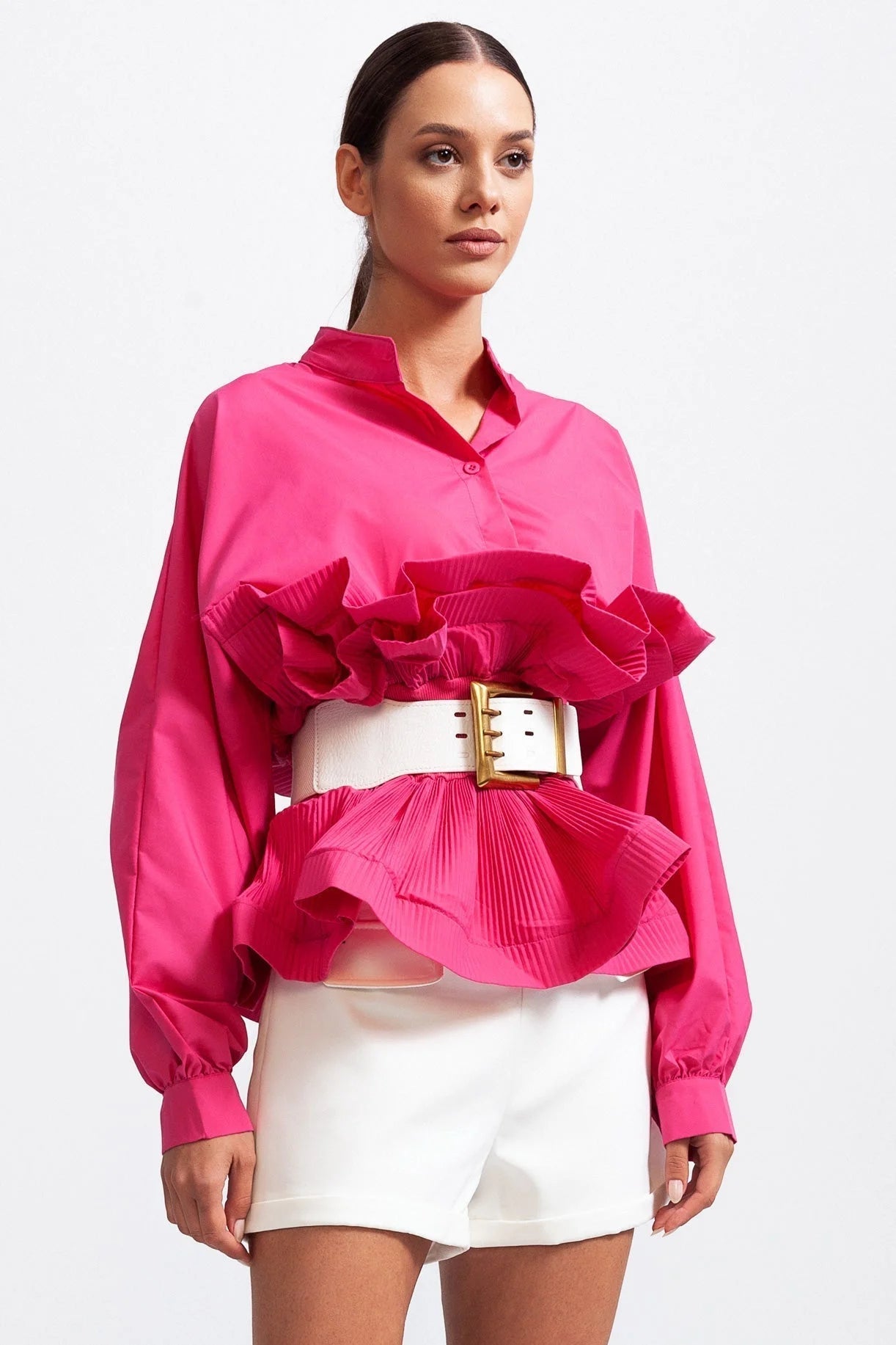 Women's ruffled belted shirt featuring voluminous sleeves, made from lightweight cotton blend for a comfortable fit.