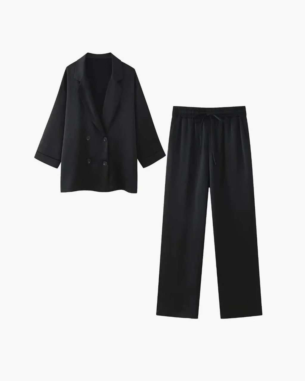 Women's satin jacket and pants set featuring a relaxed fit, smooth fabric, and a comfortable, stylish design for casual wear.