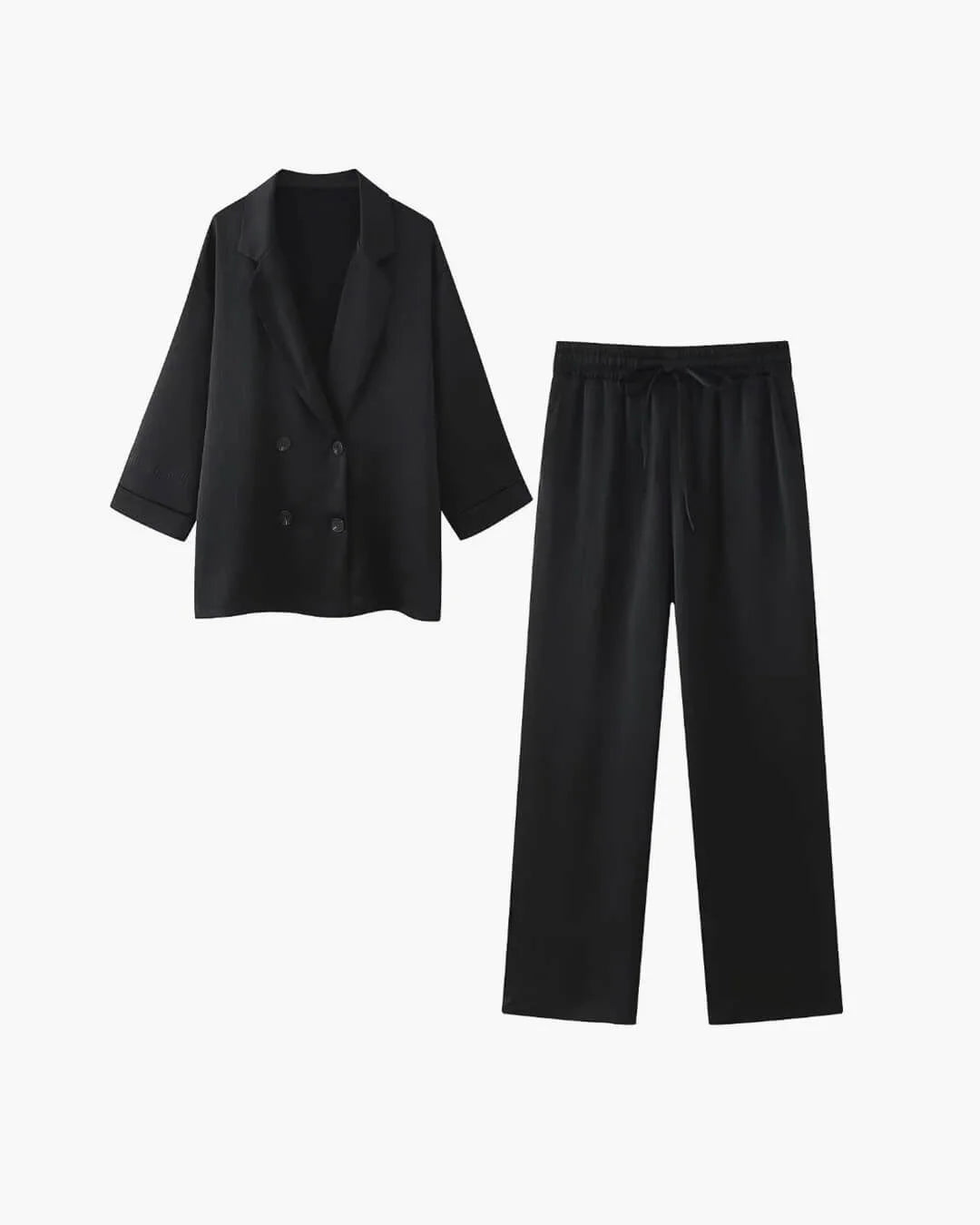 Women's satin jacket and pants set featuring a relaxed fit, smooth fabric, and a comfortable, stylish design for casual wear.