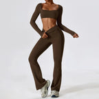Women's seamless flare pilates set with long sleeves, made from soft, stretchy fabric for comfort and ease of movement.