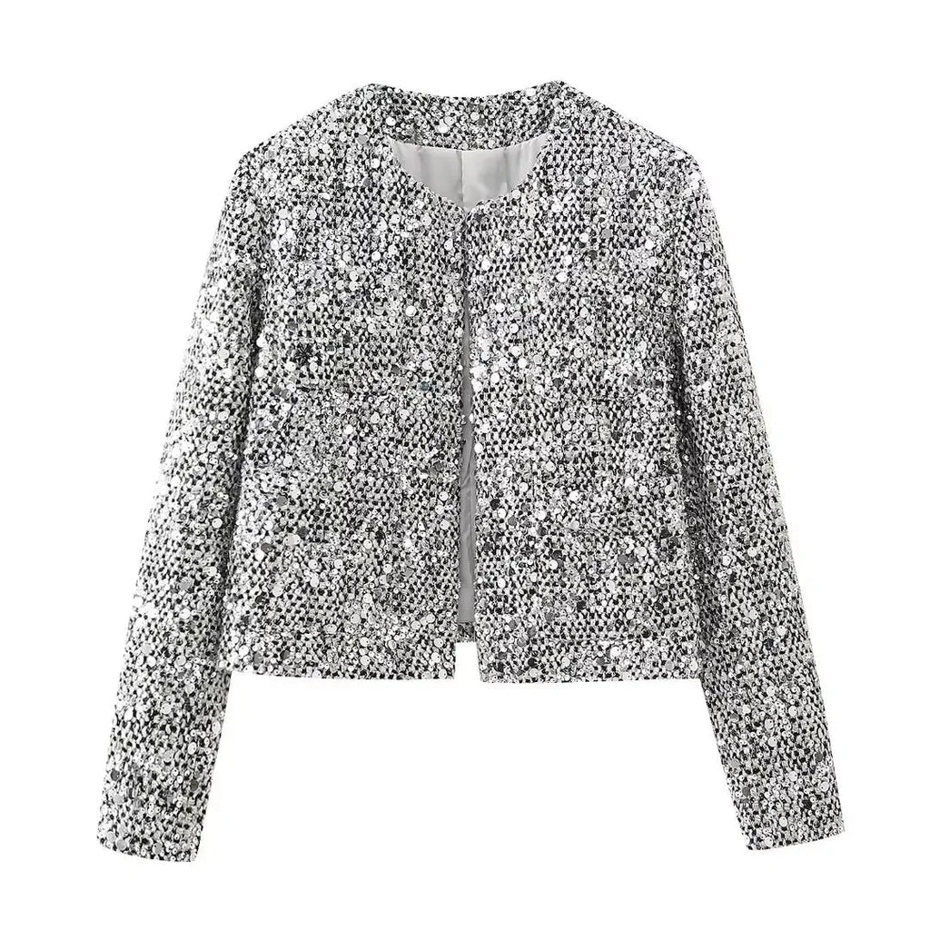 Women's open front jacket made of shimmering silver sequins, featuring a relaxed fit and long sleeves for an elegant look.