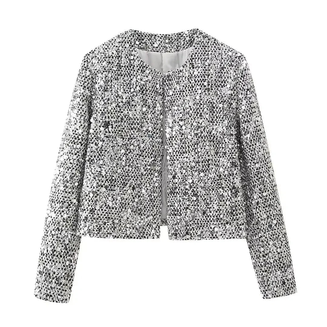 Women's open front jacket made of shimmering silver sequins, featuring a relaxed fit and long sleeves for an elegant look.