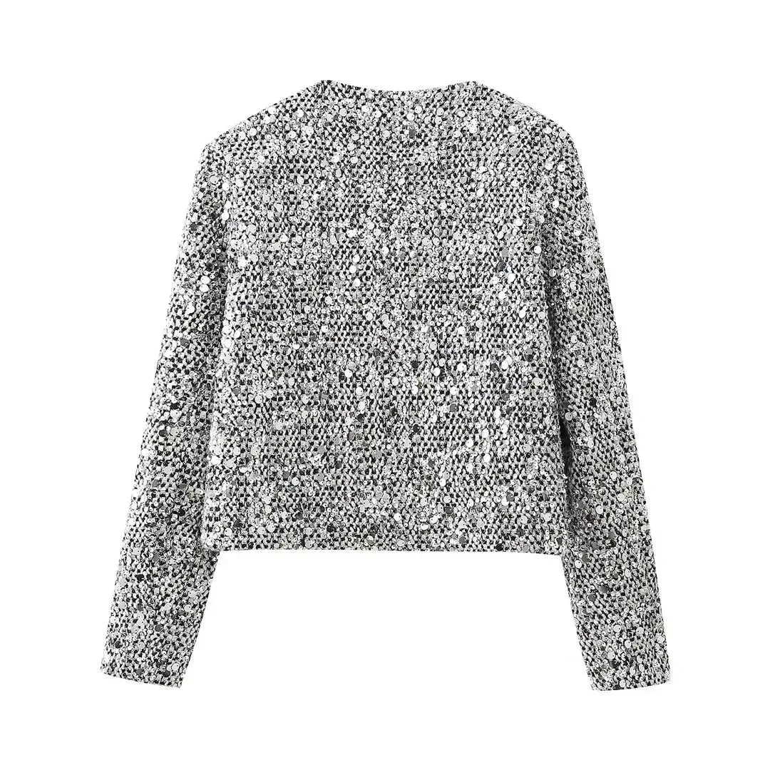 Women's silver sequin open front jacket featuring a lightweight design and sparkling sequins for a stylish, eye-catching…