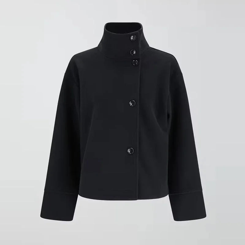 Women's stand collar loose jacket, single-breasted design in breathable fabric, featuring a relaxed fit and minimalist style.