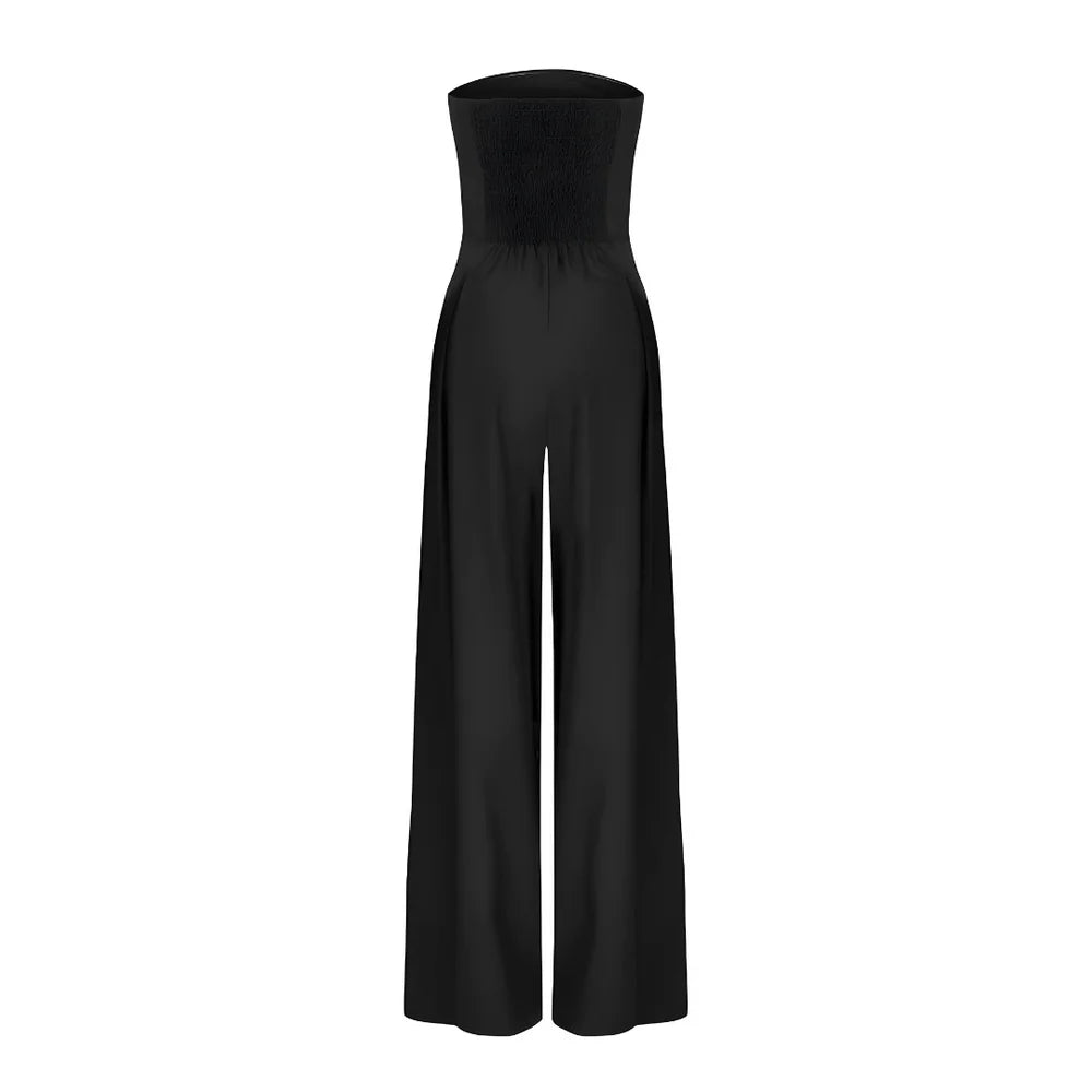 Women's strapless jumpsuit featuring a wide-leg silhouette, made from soft, breathable fabric for comfort and style.