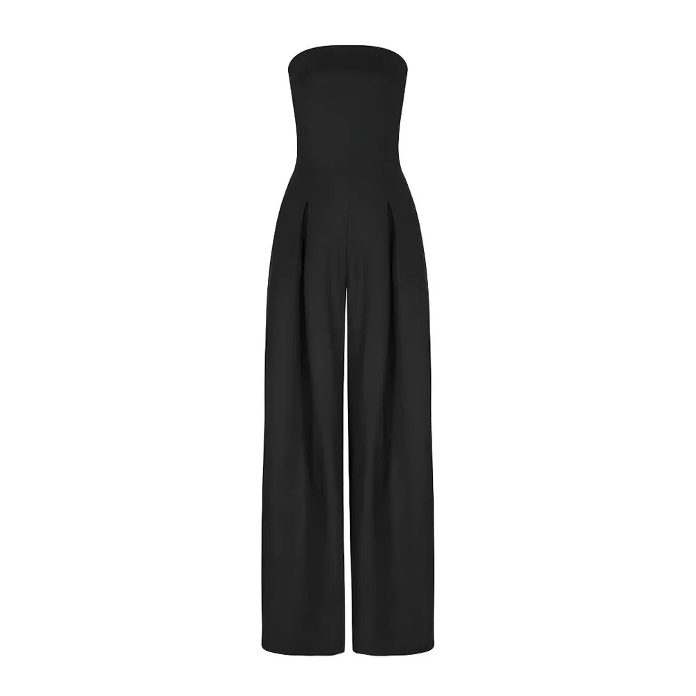 Women's strapless jumpsuit featuring a wide-leg silhouette, crafted from lightweight fabric for comfort and ease of movement.