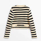 Women's striped button-up cardigan featuring a round neckline, made from soft cotton blend for comfort and casual style.