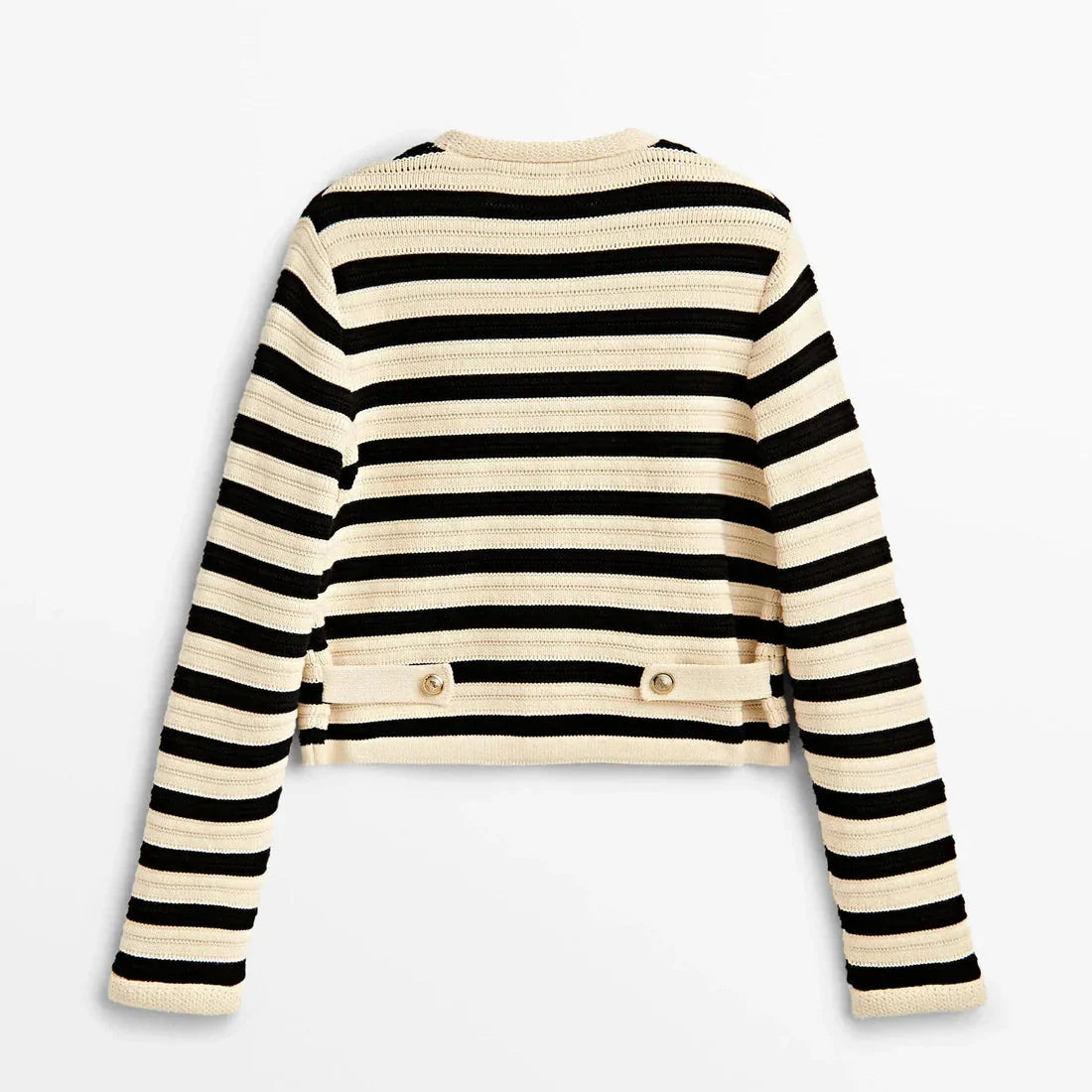 Women's striped button-up cardigan featuring a round neckline, made from soft cotton blend for comfort and casual style.