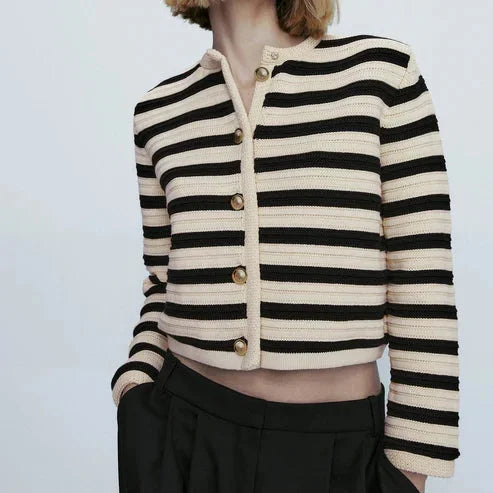 Women's striped button-up cardigan featuring a round neckline, crafted from soft cotton blend for comfort and style.