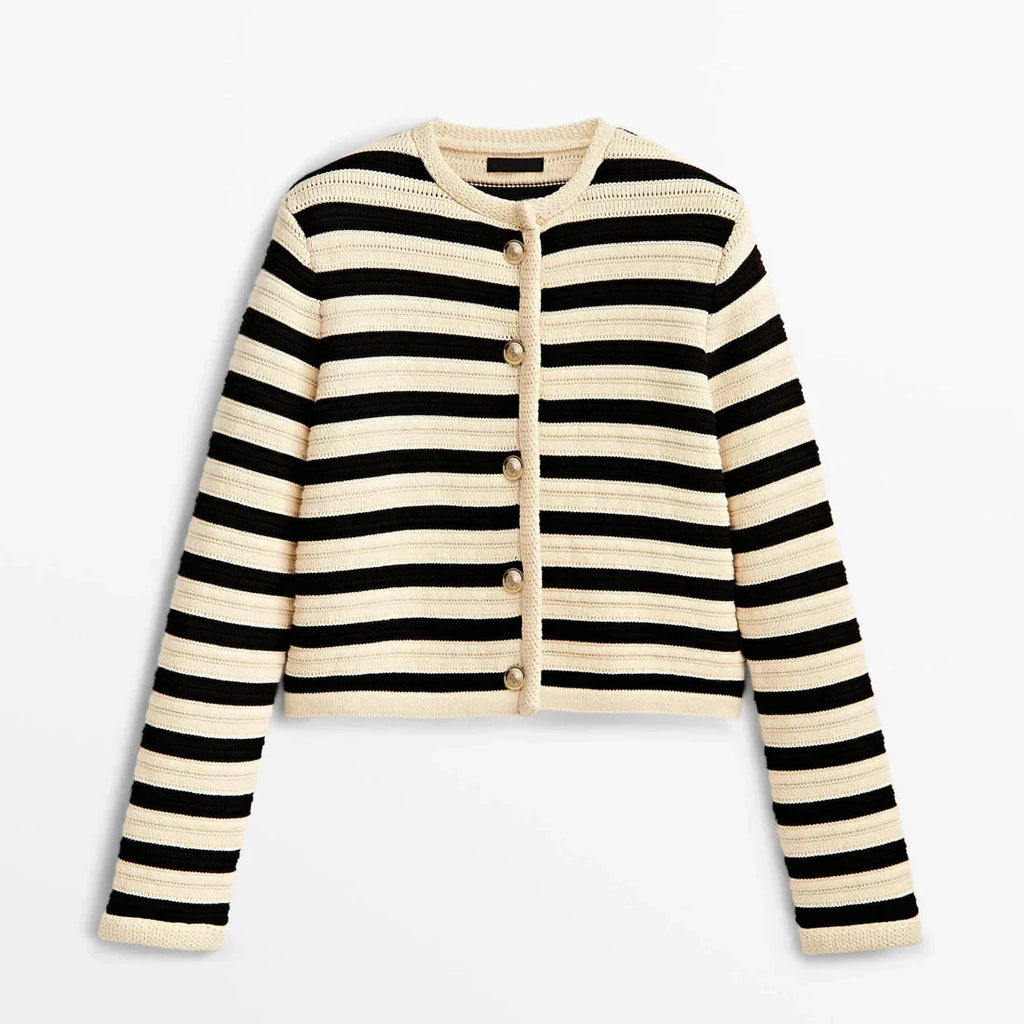 Women's striped button-up cardigan featuring a round neckline, crafted from soft cotton blend for comfort and style.