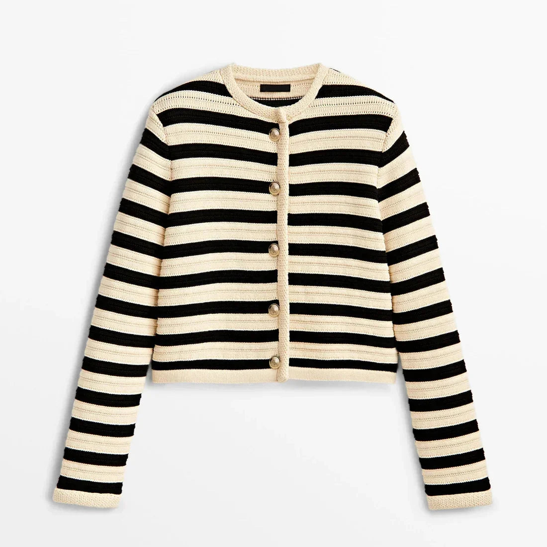 Women's striped button-up cardigan featuring a round neckline, crafted from soft cotton blend for comfort and style.