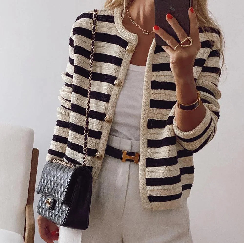 Women's striped button-up cardigan featuring a round neckline, made of soft, breathable fabric for casual layering.