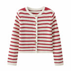 Women's striped button-up cardigan with round neckline, featuring soft cotton blend material and a classic, relaxed fit.