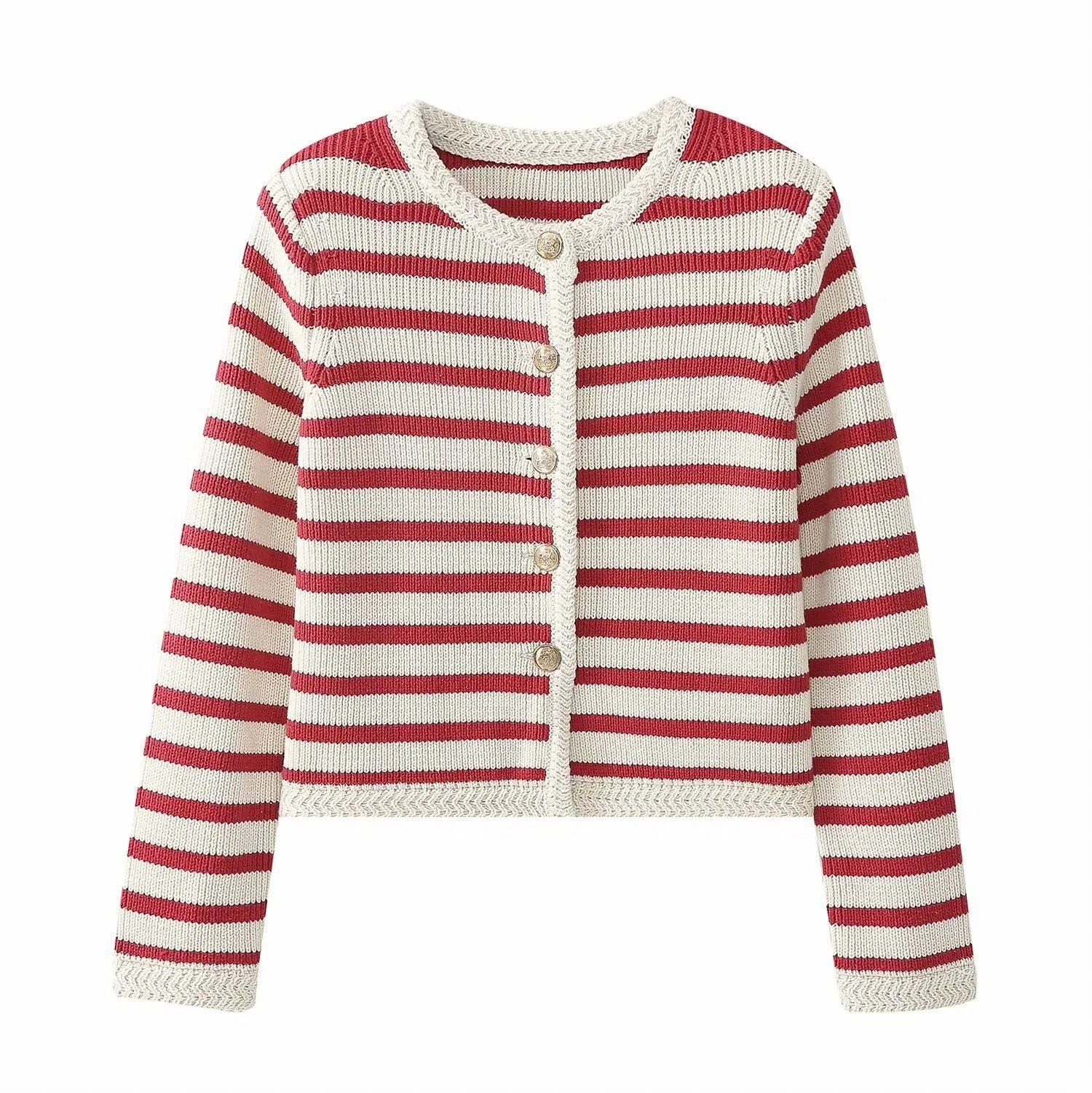 Women's striped button-up cardigan with round neckline, featuring soft cotton blend material and a classic, relaxed fit.