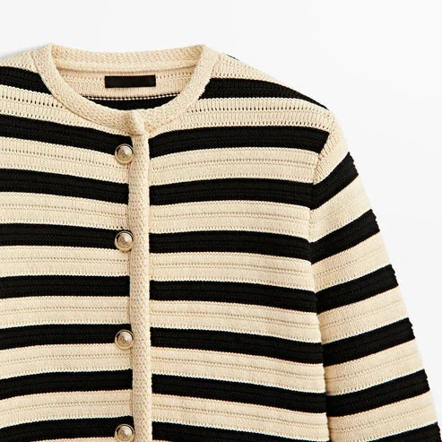 Women's striped button-up cardigan featuring a round neckline, crafted from soft knit fabric for comfort and style.